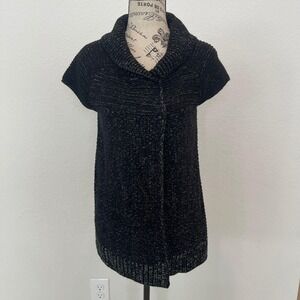 Style Co Petite‎ Black Knit Short Sleeve Cardigan Sweater Metallic Accents P/M